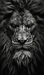 Fototapeta premium Generative AI Portrait of a lion in black and white. Animal portrait.