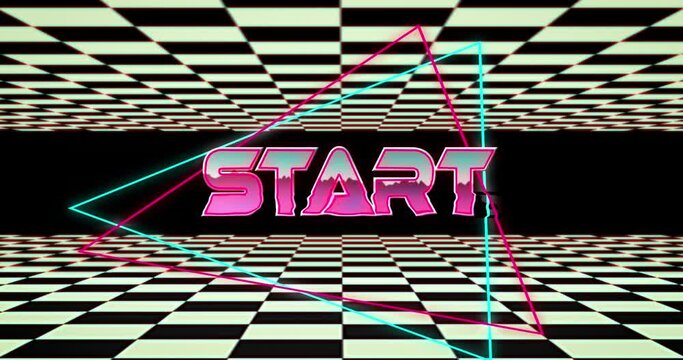 Animation of start text banner over neon triangular shapes against chequerboard pattern