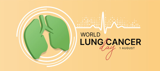 World lung cancer day - Green 3D lung sign on white circle rign sign with line heart rhythm wave and dot texture on yellow background vector design