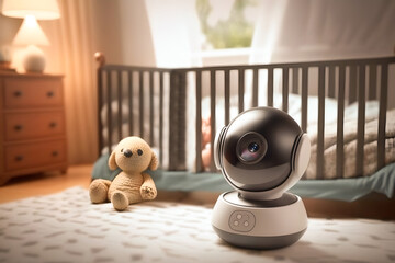 Video camera CCTV for control baby near crib with child room. Generation AI