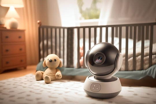Video camera CCTV for control baby near crib with child room. Generation AI