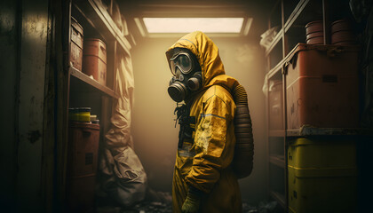 Banner apocalypse radioactive war, man in nuclear radiation protection costume yellow in bomb shelter. Generation AI - obrazy, fototapety, plakaty