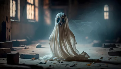 Fotobehang Ghost spook in old castle, horror in house Halloween. Generation AI © Adin