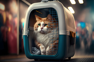 Cat in carrier cage transportation for airport and train transport. Concept animal travel trip. Generation AI