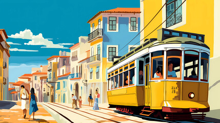 Illustration of a portuguese city with a tram, Portugal