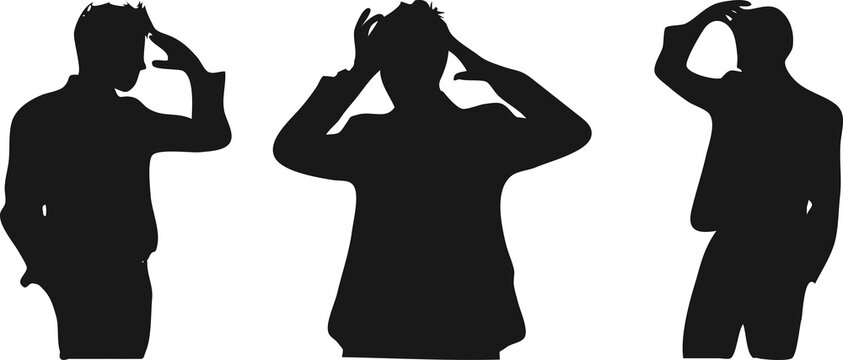 half body man silhouettes in various poses thinking, confused, stressed
