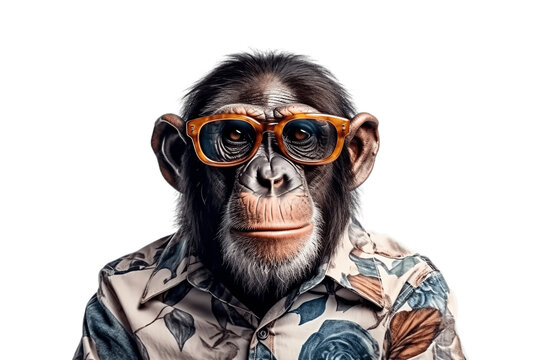Chimpanzee Wearing Glasses and Tropical Shirt Isolated on a Transparent Background. AI