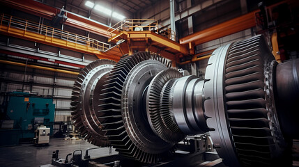 Turbine shop of energy power generation station. Disassembled turbine for repair and inspection. Generation AI. - obrazy, fototapety, plakaty