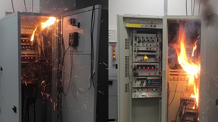 Industrial Electrical panel on fire, short circuit and junction cable box fire in house appartment or factory. Generation AI - obrazy, fototapety, plakaty