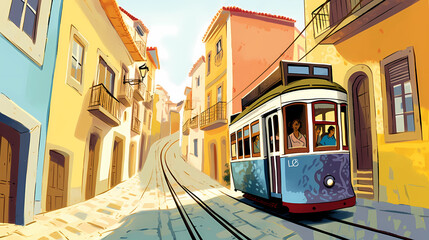 Fototapeta na wymiar Illustration of a portuguese city with a tram, Portugal