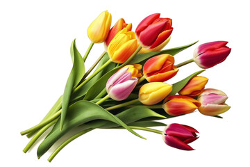 Colorful Tulips Bunch Isolated on Transparent Background. AI