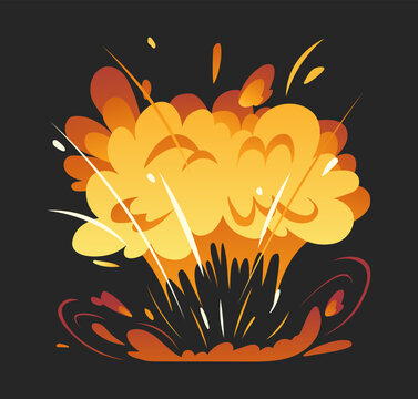 Bomb explosion vector concept. Destruction and demolition, detonation. Flame and flash, blast. Dynamite and bomb, grenade effect. Cartoon flat illustration isolated on black background