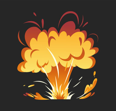 Bomb explosion vector concept. Destruction and detonation. Flame and flash, smog. Armed conflict and war, terrorism. Poster or banner. Cartoon flat illustration isolated on black background