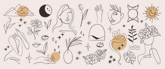 Fototapeta na wymiar Minimal hand drawn line art vector set. Aesthetic line art design with woman body, face, hands, body, mountain, snake, moon, flower. Abstract drawing for wall art, decoration, wallpaper, tattoo.