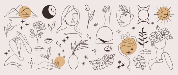 Fototapeten Minimal hand drawn line art vector set. Aesthetic line art design with  woman body, face, hands, body, mountain, snake, moon, flower. Abstract drawing for wall art, decoration, wallpaper, tattoo. © TWINS DESIGN STUDIO