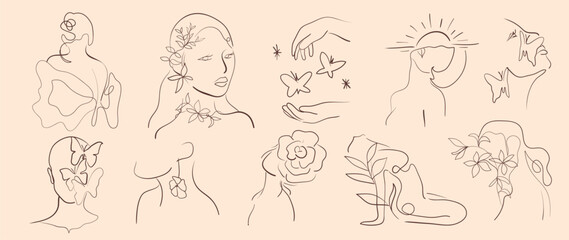 Minimal hand drawn line art vector set. Aesthetic line art design with  woman body, faces, hands, butterflies, leaves, flower. Abstract drawing for wall art, decoration, wallpaper, tattoo.