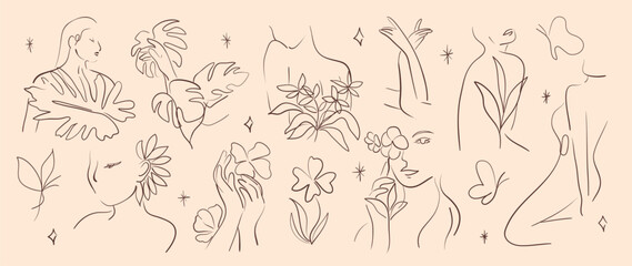 Fototapeta na wymiar Minimal hand drawn line art vector set. Aesthetic line art design with woman body, faces, hands, butterflies, leaves, flower. Abstract drawing for wall art, decoration, wallpaper, tattoo.