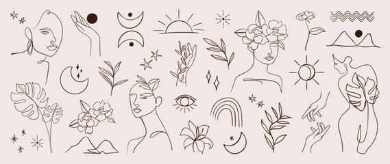 Fototapeta premium Minimal hand drawn line art vector set. Aesthetic line art design with woman body, face, hands, body, mountain, moon, sun, flower. Abstract drawing for wall art, decoration, wallpaper, tattoo.