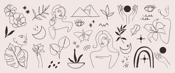 Minimal hand drawn line art vector set. Aesthetic line art design with  woman body, face, hands, body, mountain, butterfly, moon, flower. Abstract drawing for wall art, decoration, wallpaper, tattoo.