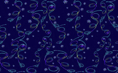 Dark blue holiday vector seamless pattern with iridescent serpentine ribbons. Greeting card, gift packaging., wrapping paper. Naive scrabble style collection for happy new year. 