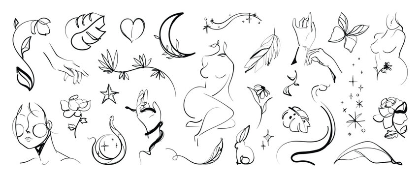 Minimal hand drawn line art vector set. Aesthetic line art design with  woman body, face, hands, butterflies, leaves, snake, rabbit. Abstract drawing for wall art, decoration, wallpaper, tattoo.