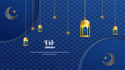 Vector eid al adha mubarak ramadan kareem blue background design with crescent moon and mosque premium vector