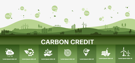 The concept of carbon credit with icons. Tradable certificate to drive industry and company to the direction of low emissions and carbon offset solution. Green vector illustration template.