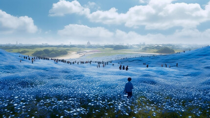 【AI】青いネモフィラが咲き誇る海辺の広大な公園／【Generative AI】A vast seaside park of blooming blue nemophila flowers chosen as the scene for a movie thumbnail