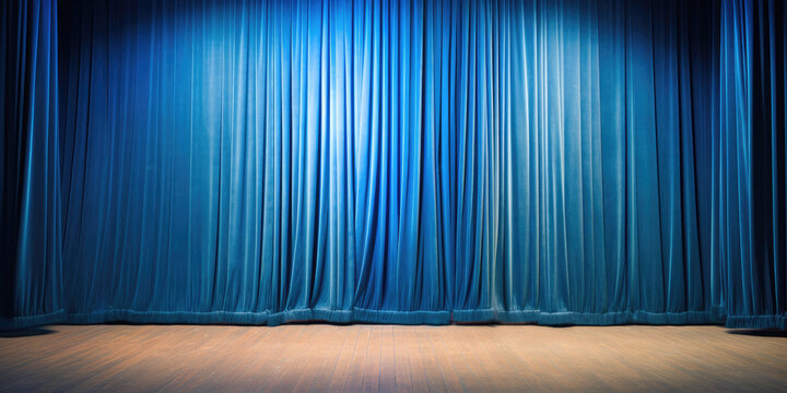 Blue stage curtain on wooden floor. Generative AI