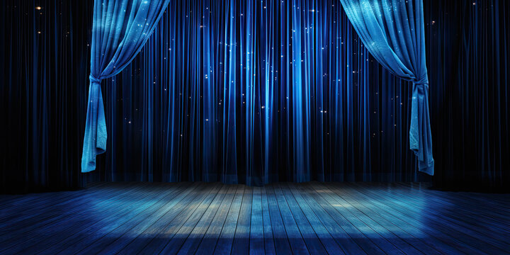 Blue stage curtain on wooden floor. Generative AI