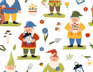 Garden gnomes seamless pattern. Repeating design with Garden and backyard decoration. Fairy tale characters, imagination and fantasy. Dwarves with shovels and lamp. Cartoon flat vector illustration