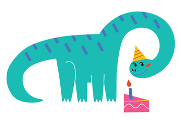 Adorable cartoon dinosaur icon, vector doodle illustration of diplodocus in party hat, dino birthday, tall dinosaur blowing candles on cake, greeting card for baby shower, invitation to kid event