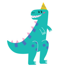 Adorable monster dinosaur icon, vector illustration of tyrannosaurus in birthday hat, t-rex at kids party, smiling raptor congratulations, childish postcard for baby shower, dino happy birthday, isola © Elena