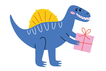 Happy smiling dinosaur with gift, cartoon spinosaurus at birthday party, vector illustration of dino party, greeting card for baby shower, childish poster for nursery, happy birthday postcard, isolate
