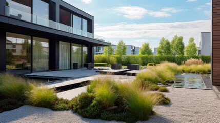 Fototapeta na wymiar Minimalistic and contemporary, sleek and serene private garden that embodies the principles of Scandinavian design: functionality, simplicity, and connection to nature. Generative AI