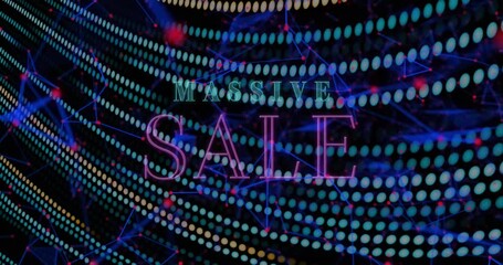 Animation of neon massive sale text banner against plexus networks and light trails - Powered by Adobe