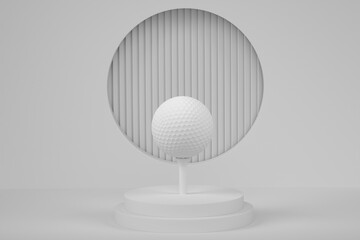 Fototapeta na wymiar Golf ball on cylinder podium with steps on monochrome background