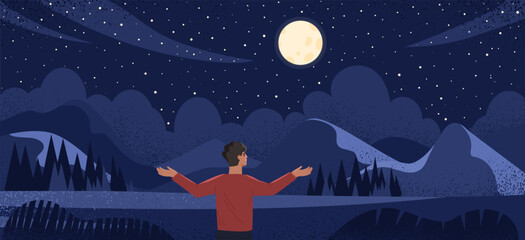 Man watch at night sky concept. Young guy looks at natural panorama and landscape. Astrology and astronomy, stargazing. Active lifestyle and hiking. Cartoon flat vector illustration © Mental Health