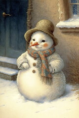 Christmas illustration in the old style with a snowman
