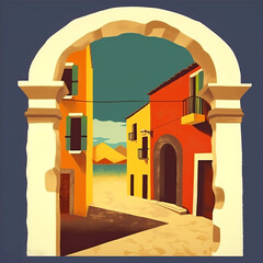Fototapeta premium Digital illustration of typical Spanish architecture. Small town with white houses church on a hot summer day in bright sunlight. Travel poster