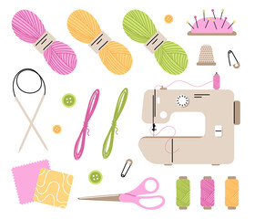 Set of items for sewing and needlework. Multicolored threads and fabric, scissors and sewing machine. Sewing and atelier inventory. Cartoon flat vector collection isolated on white background