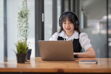 Asian girl student online learning class study online video call zoom teacher, Happy asian girl learn english language online with computer laptop...