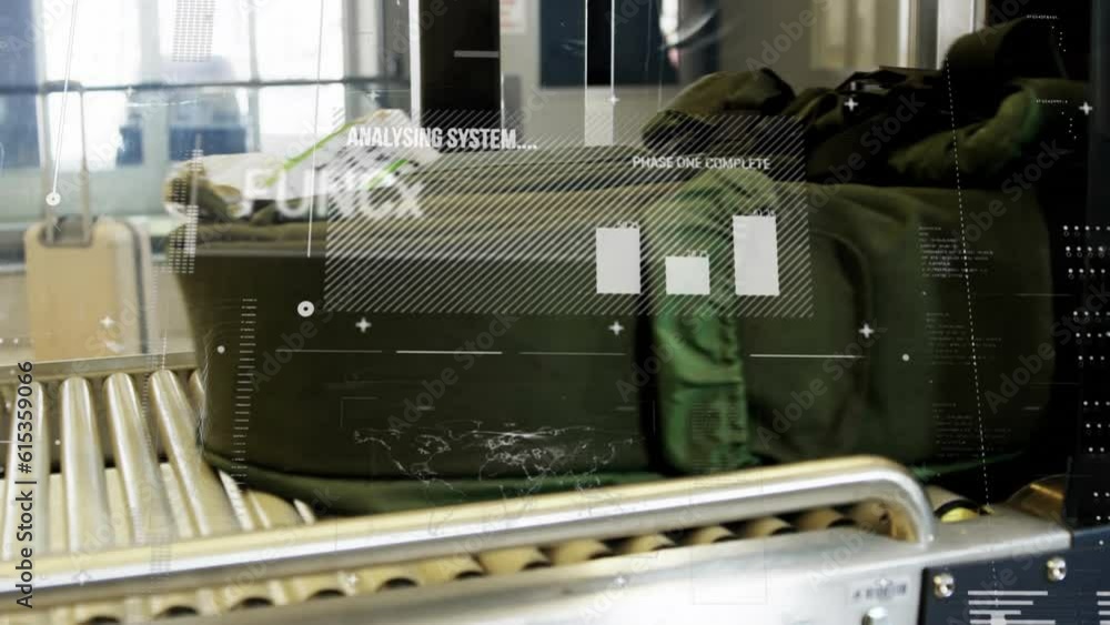 Poster animation of interface with data processing against luggage on conveyer belt at an airport