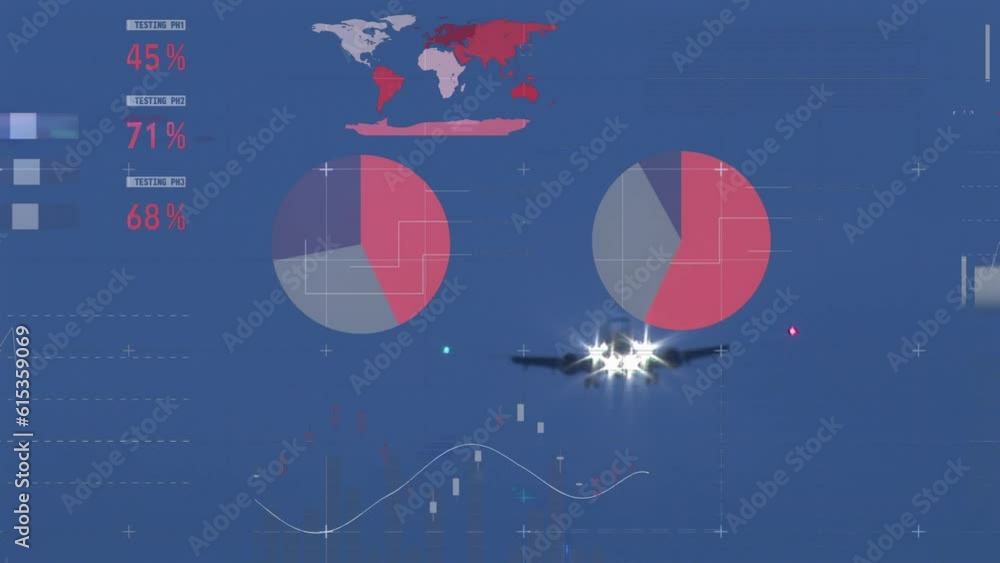 Poster animation of statistical data processing against airplane flying in the sky