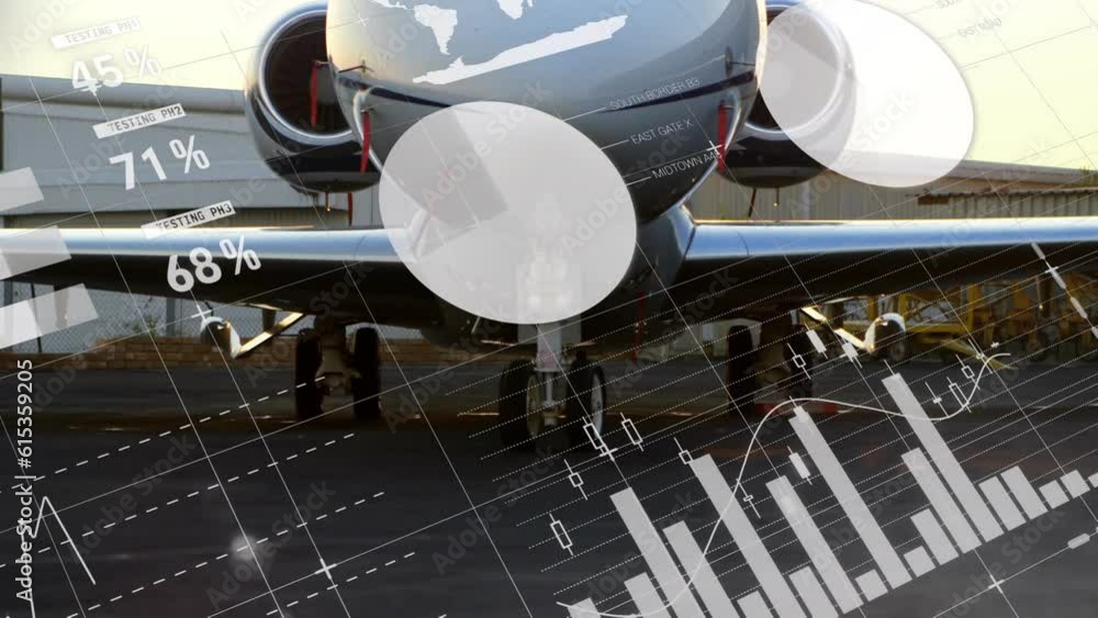 Poster animation of statistical data processing against airplane at an airport