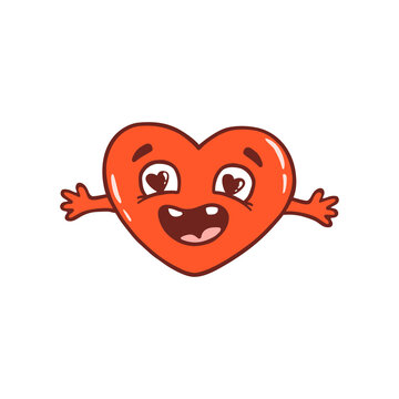 Cute cartoon heart with a smile . Love concept. Happy Valentines day. Happy heart character in retro style.