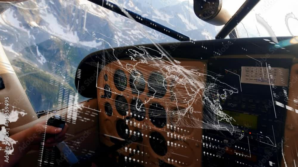 Poster animation of interface with data processing against airplane cockpit view