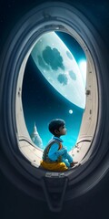 Asia's Indian boy is in a space ship and looks at the moon. 