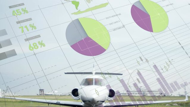 Animation of statistical data processing against airplane at an airport