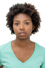 Passport photo of serious african american young adult woman with curly hair